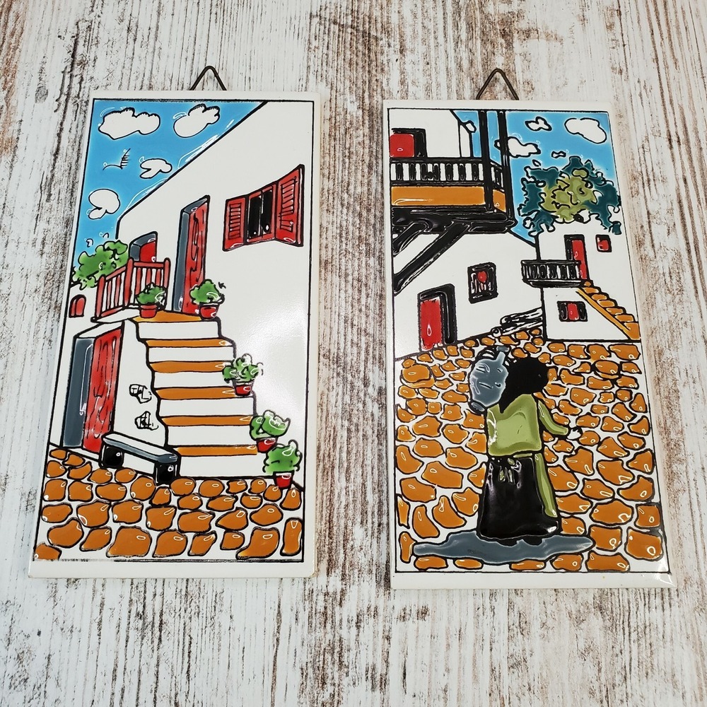 2 Vtg. H&R Johnson Made in Greece by Phiikhrah Johnson Wall Hanging Tiles Scene